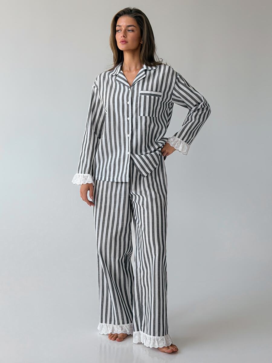 Livesso Women's Button Striped Top And Lace Patchwork Long Pants Pajama Set - Green - View 1