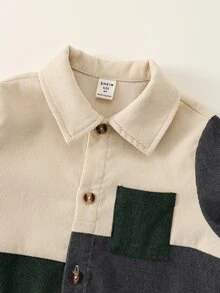 SHEIN 2件組兒童小男孩休閒日常百搭舒適配色拼接翻領長袖鈕扣襯衫與素色直筒長褲梭織套裝，適合學校、花園、海灘、生日，適用春夏秋冬 - 彩色 - 查看 6