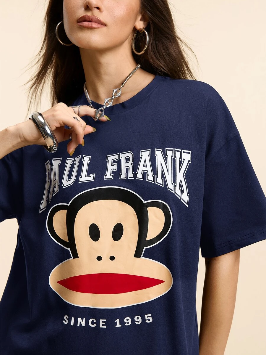 Paul Frank X SHEIN Women's Street Cartoon Graphics Round Neck Short Sleeve Casual Versatile T-Shirt - Blue - View 1