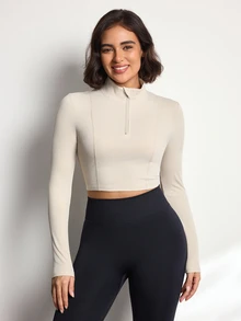 Easithlete Women's Sports Sweatshirt Ribbed High Elastic Fitness Casual Long Sleeve Pullover With Front Zipper - Khaki - View 4