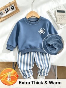 Souflis Souflis 2件組幼兒男童衛衣長褲套裝，可愛寶藍色太陽印花條紋羅紋長袖圓領加厚款，舒適彈性腰圍，適合假日秋季萬聖節 - 藍色 - 查看 1