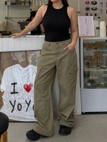 Dazy Plus Solid Color Loose Cargo Pants Casual Street Straight Leg Army Green All Season New Style Denim Jeans - Army Green - View 6