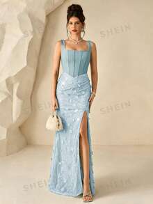 Coutiva Women's Sequin Embroidered Patchwork Twisted Yarn Ruffled Hem Slit Formal Evening Gown (Heavy Craftsmanship) - Baby Blue - View 4