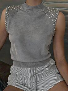 DAZY Grey Semi-High Neck Patchwork Pearl Fitted Sleeveless Knit Top For Women - Grey - View 4