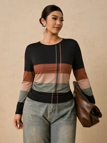 Travachic 大尺碼女款拼色休閒百搭日常長袖T恤 - 彩色 - 查看 4