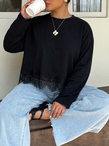 GalTyme Plus Size Women's Solid Color Round Neck Drop Shoulder Long Sleeve Lace Hem T-Shirt - Black - View 4