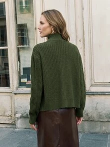 Dayvera Women's Autumn/Winter Casual Daily Commute Cable Knit Belted Button-Front Cardigan And High Neck Sleeveless Knit Top Set - Army Green - View 2
