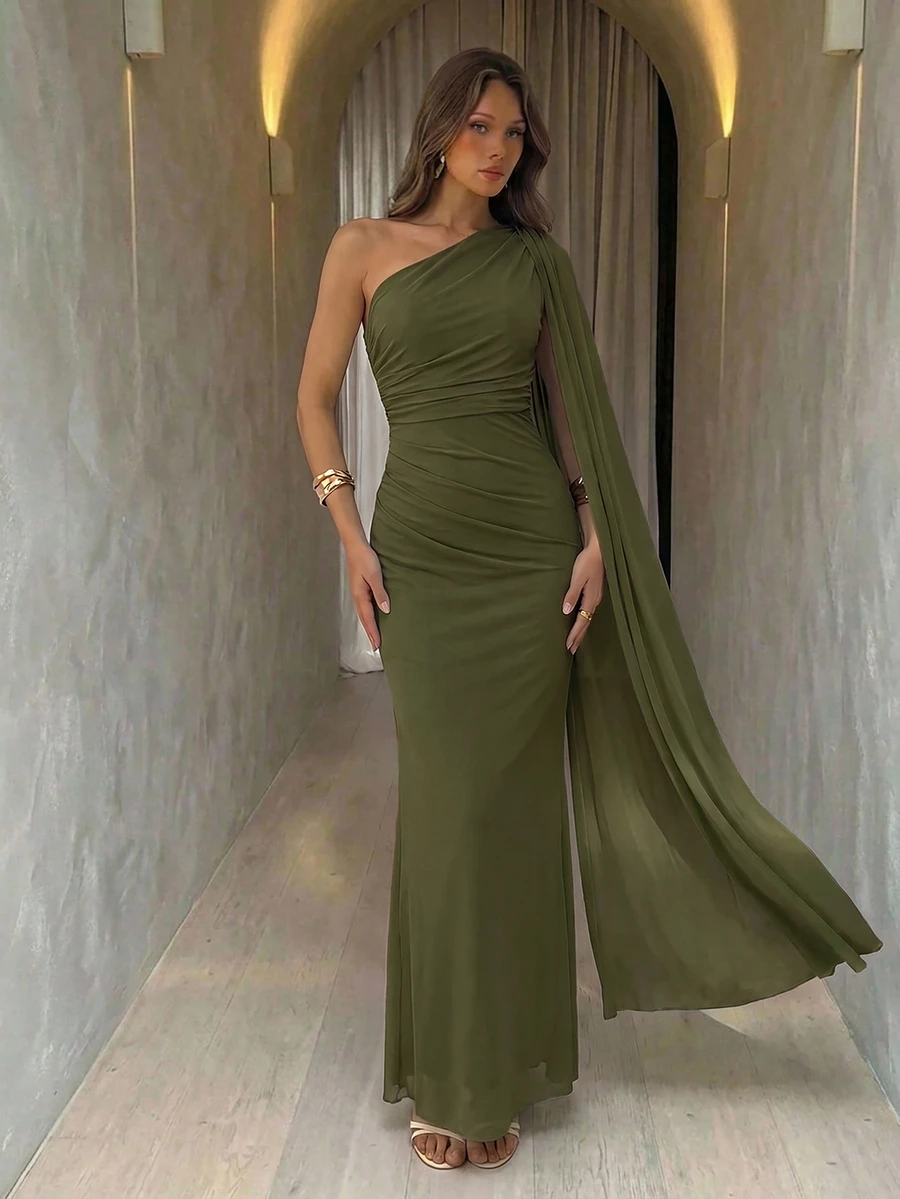 Aloruh 浪漫優雅抓皺收腰繫帶領修身洋裝 單袖女神單肩薄荷綠 正式婚禮晚宴官方夏季款 - 軍綠色 - 查看 1