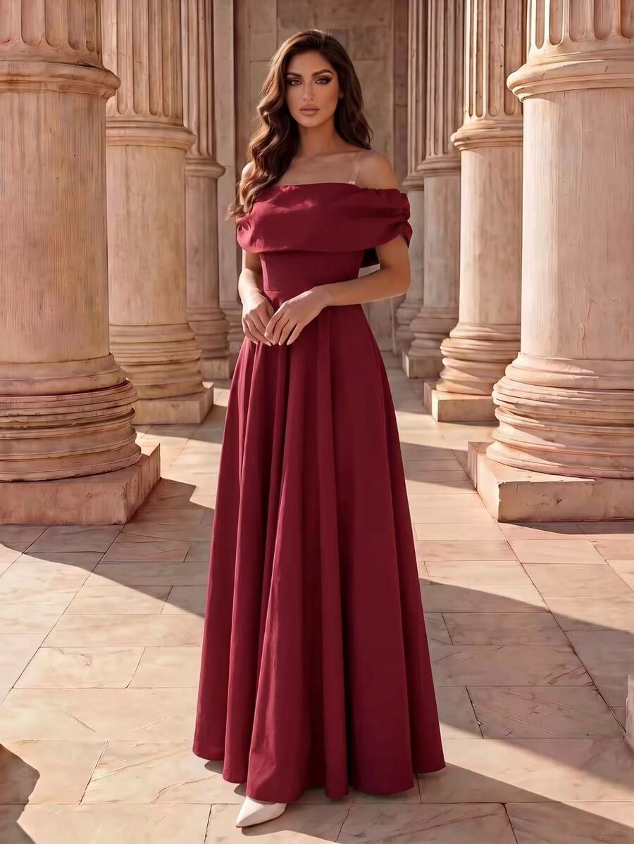 Coutiva Women's Elegant Fashion Cold Shoulder High Waist Evening Party Long Dress - Red - View 1