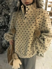 DAZY Women's Polka Dot Fluffy Korean Style Long Sleeve Sweatshirt, Autumn/Winter - Apricot - View 8