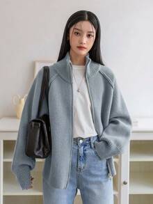 Dazy-Less Women's Minimalist Fashion High Collar Zipper Cardigan Old Money Style,Fall Women Clothes Business Casual Woman Work Clothes - Dusty Blue - View 2