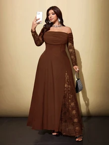 Viva Relle 大尺碼女款蕾絲拼接垂領荷葉領A字長版浪漫洋裝，適合舞會、約會、宴會、婚禮等場合 - 棕色 - 查看 4
