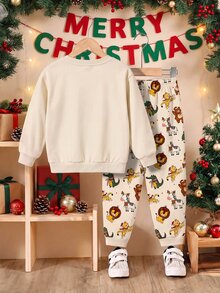 Infant Round Neck Long Sleeve Long Pants Casual Comfortable Set, Classic Christmas Pattern Print, Classic Cute Tiger Pattern Print, Christmas Tree Sloth Pattern Print, Classic Christmas Crocodile Pattern Print, Classic Animal Santa Claus Pattern Print, Classic Christmas Gift Pattern Print, Suitable For Christmas, Suitable For Autumn/Winter - Multicolor - View 3