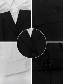 Velvienne Plus Size Minimalist Elegant Versatile Colorblock Patchwork Blouse For Women - Black and White - View 4