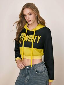 LOONEY TUNES X SHEIN Women's Cartoon Pattern Striped Print Long Sleeve Cropped Sweatshirt - Black - View 3