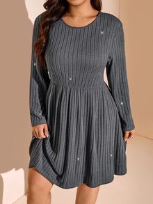 SHEIN LUNE Plus Size Women's Dress, All Season Long Sleeve Round Neck Umbrella Skirt Knee Length With Pockets Ribbed Shiny Casual Daily Party Fall - Grey - View 7