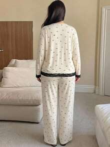 Dazy Plus 3-Piece Bow Print Fitted Camisole Cardigan & Pants Loungewear Pajama Set - Apricot - View 2