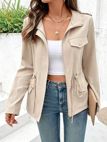 EMERY ROSE Zip-Up Stand Collar Long Sleeve Fitted Jacket Fall Winter Cloth For Women - Apricot - View 1