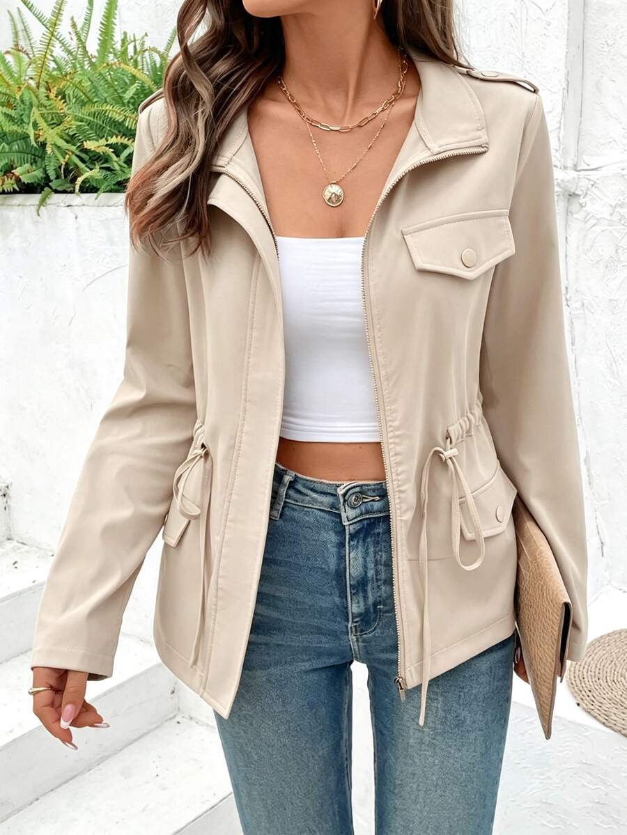 EMERY ROSE Zip-Up Stand Collar Long Sleeve Fitted Jacket Fall Winter Cloth For Women - Apricot - View 1