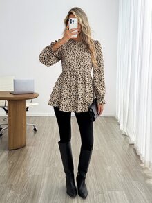 Easowa Women's Casual Khaki Leopard Print Basic Shirt, Suitable For Autumn/Winter Daily Wear - Multicolor - View 2