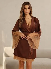 HautHeat طقم بيجامة نسائي مثير من قميص نوم كاميسول دانتيل متباين مع رداء وحزام خصر - قهوة بني - مشاهدة 4