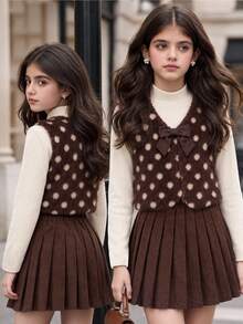 Tween Girls' Fuzzy Vest, Long Sleeve, Fleece, Ribbed Stand Collar Top And Pleated Skirt 3 Pieces Casual Set, Autumn/Winter - Multicolor - View 1
