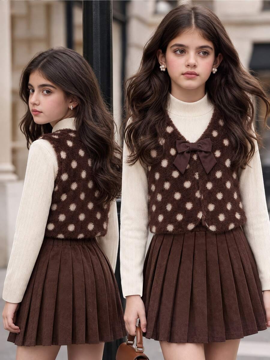 Tween Girls' Fuzzy Vest, Long Sleeve, Fleece, Ribbed Stand Collar Top And Pleated Skirt 3 Pieces Casual Set, Autumn/Winter - Multicolor - View 1