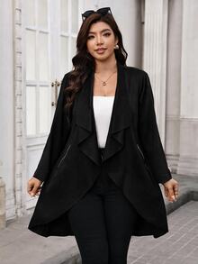 SHEIN Clasi 大尺碼女款瀑布領長袖開襟夾克外套 冬季 - 黑色 - 查看 8