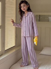 DAZY 青少年女孩秋季服裝 女孩 (大號) 圓領針織印花短袖T恤 + 格紋睡褲家居服套裝 - 淡紫色 - 查看 6