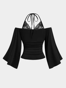 Sweetra Plus Size Sexy Lace Patchwork Halter Neck Tie T-Shirt - Black - View 2