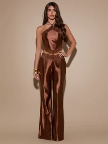 SHEIN BAE Spring/Summer Brown Spaghetti Strap Lace Backless Camisole 2 Pieces Set, Cropped Triangle Top & High-Waisted Flared Long Pants, Soft & Sexy Date Casual Outfit - Brown - View 3