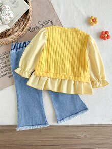 SHEIN 2pcs Toddler Girl Top Flare Jeans Sweet Yellow Blue Daisy Ribbed Ruffle Long Sleeve Round Neck Regular Holiday Spring Princess Birthday Raw - Yellow - View 2