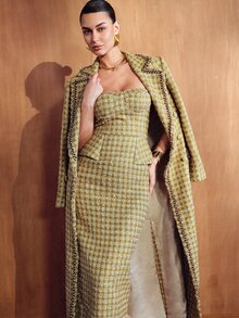 MOTF PREMIUM WOMEN'S AUTUMN/WINTER PLAID FABRIC STRUCTURAL DESIGN STRAPLESS ELEGANT LONG DRESS - Mustard Yellow - View 7