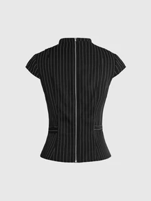 ROMWE Grunge Punk Hollow Out Women's Blouse With Metal Decor Striped Niche Vintage Plus Size Shirt - Black - View 2