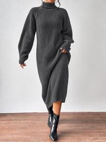 Aalyst Turtleneck Raglan Sleeve Sweater Dress Without Belt Fall Winter Cloth For Women - Dark Grey - View 6