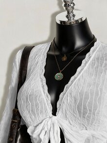 SHEIN ICON Y2K 棕色秋季不對稱下擺喇叭袖復古植絨網紗透視前開襟女款上衣 - 白色 - 查看 3