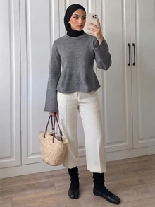Omancia Women's Solid Color Round Neck Loose Pullover Sweater - Dark Grey - View 5