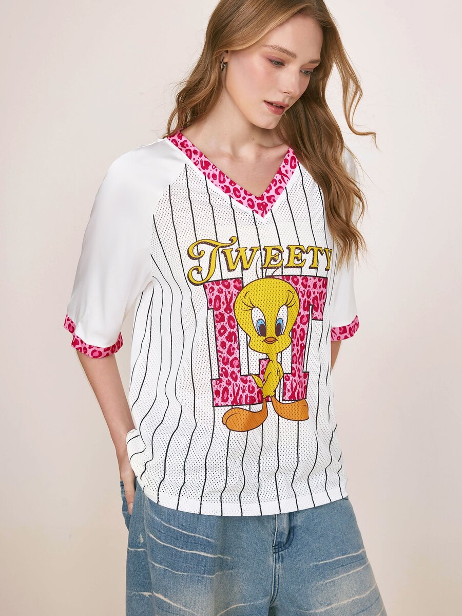LOONEY TUNES X SHEIN Women's Striped Leopard Print Letter Graphic Raglan Short Sleeve T-Shirt - White - View 1