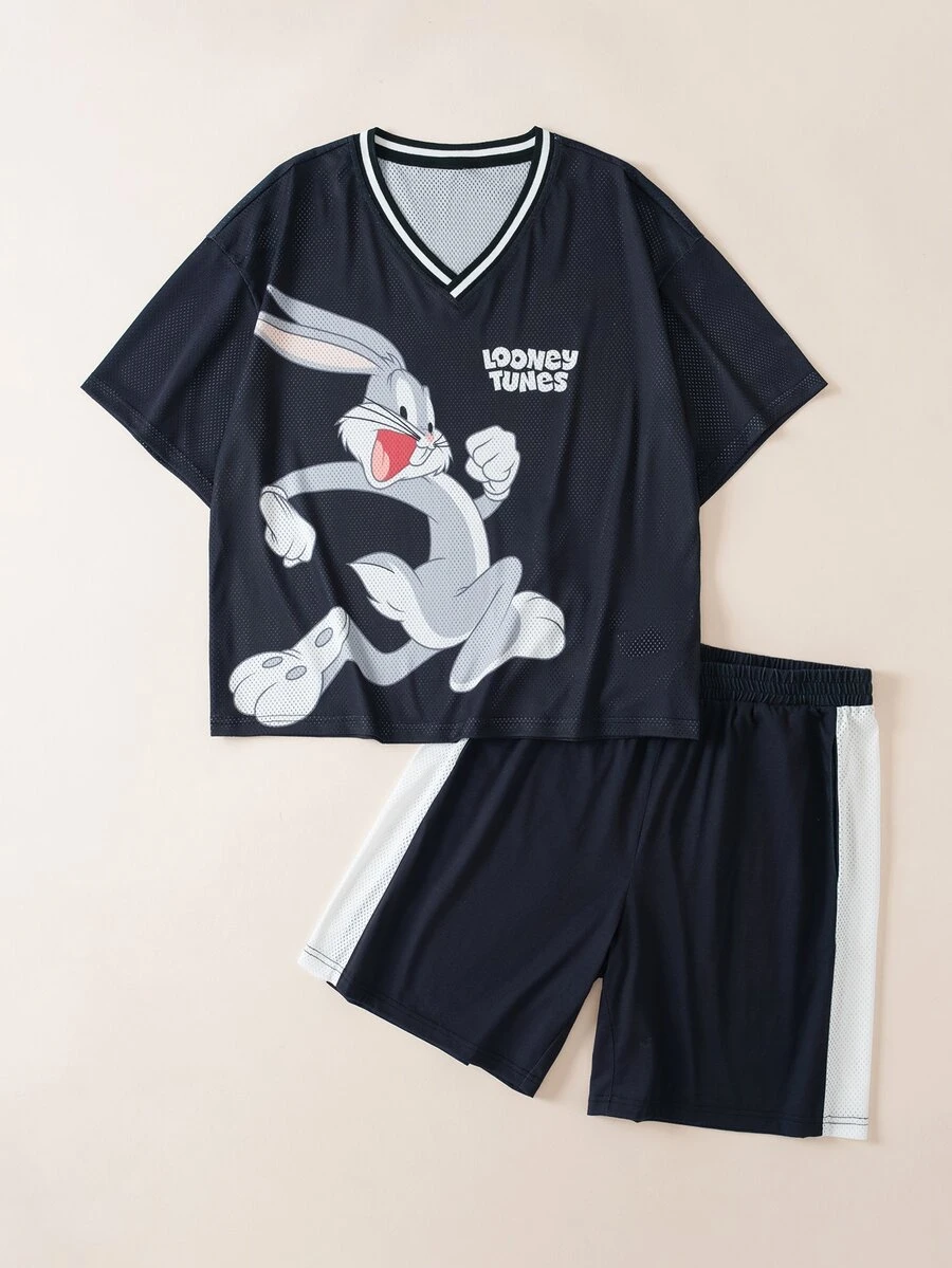 LOONEY TUNES X SHEIN 男士字母印花V領短袖T恤與短褲套裝 LOONEY TUNES - 黑色 - 查看 1