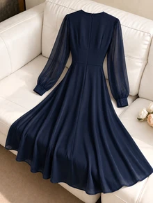 GlowEve CURVE Plus Size Round Neck Bowknot Pearl Decor Lantern Sleeve Chiffon Back Zipper Dress Wedding Formal Evening Light Blue Autumn Elegant Celestial Fall - Navy Blue - View 2