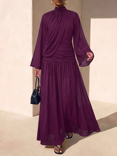 Zivah Early Autumn New Arrival Women's Purple Chiffon Long Dress With Small Stand Collar, Long Sleeves, Bell Sleeves, Pleated A-Line Skirt, Flowy Design, Suitable For Daily Wear, Casual, Vacation, Elegant Party, Holiday, Formal, Country Style, Commute, Office, Festival Outings