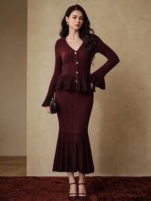 Anewsta Women's Autumn/Winter V-Neck Rhinestone Button Colorblock Ruffle Knit Sweater & Mermaid Skirt 2 Pieces Set - Red Violet - View 1