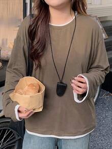 Dazy Plus Colorblock 2 In 1 Long Sleeve Casual Loose Fit T-Shirt - Khaki - View 4