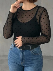 Dazy Plus Plus Size Women Polka Dot Casual Sheer Long Sleeve Top - Black - View 8