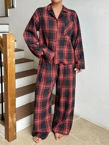 Dazy Plus Plaid Loose Red Christmas New Year Home Wear Long Pants 2-Piece Pajama Set - Red - View 8