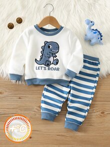 SHEIN 2pcs Baby Boy Baby Girl Baby Boy Autumn/Winter Cartoon Dinosaur Pattern Knitted Soft Crew Neck Long Sleeve Pullover Sweatshirt And Striped Elastic Waist Long Pants - Multicolor - View 1
