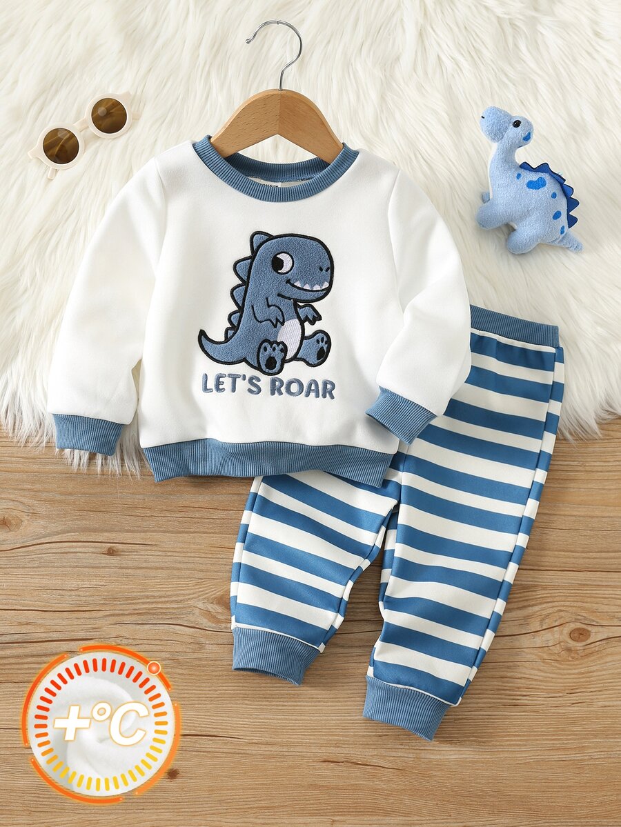 SHEIN 2pcs Baby Boy Baby Girl Baby Boy Autumn/Winter Cartoon Dinosaur Pattern Knitted Soft Crew Neck Long Sleeve Pullover Sweatshirt And Striped Elastic Waist Long Pants - Multicolor - View 1