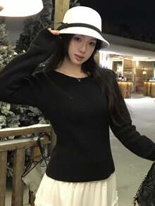 DAZY Women's Round Neck Long Sleeve Back Knot Design Fashion Sweater - Black - View 7