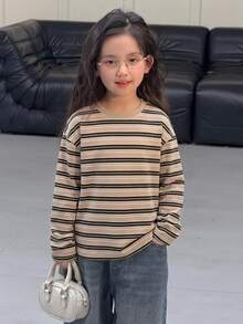Dazy Kids Tween女孩條紋寬鬆休閒長袖基礎內搭T恤，秋季 - 卡其色 - 查看 6