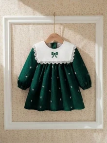 Souflis Souflis 幼女 A 字裙 可愛甜美 深綠色 蕾絲蝴蝶結印花 百褶長袖圓領 常規款 生日派對 秋季保暖 公主學院風 - 彩色 - 查看 1